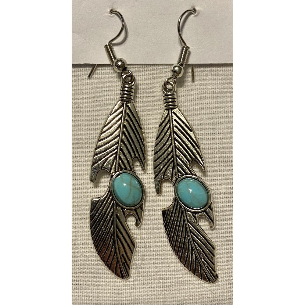 Blue Howlite FEATHER dangle earring SP Fish hook handcrafted SPOD